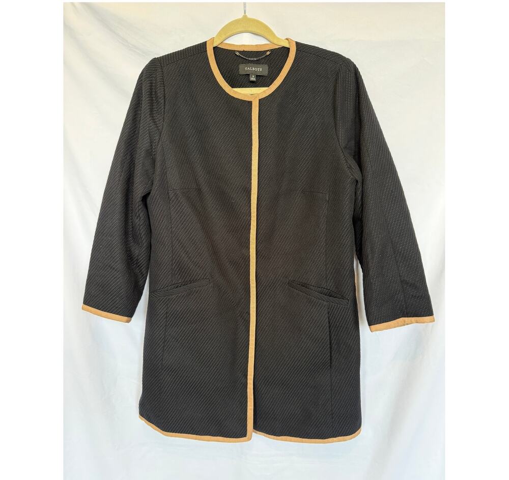 Talbots Textured Black Tan Trim Collarless Jacket Coat, Size 8